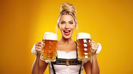 Wall Mural - Young sexy Oktoberfest waitress, wearing a traditional Bavarian dress, serving big beer mugs on yellow background