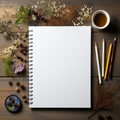 Wall Mural - An open sketch book with a plain white page sitting on a desk with pencils. Generative AI. 