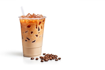 Wall Mural - Iced coffee in plastic takeaway glass isolated on white background with copy space