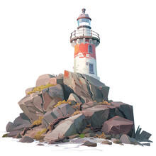 A Lighthouse On A Rocky Shore. Isolated Object, Transparent Background