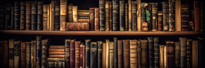 Wall Mural - Old books on wooden bookshelves in a library. Generative AI