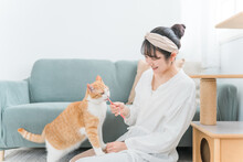 家・猫カフェで猫におやつをあげる日本人女性（餌）
