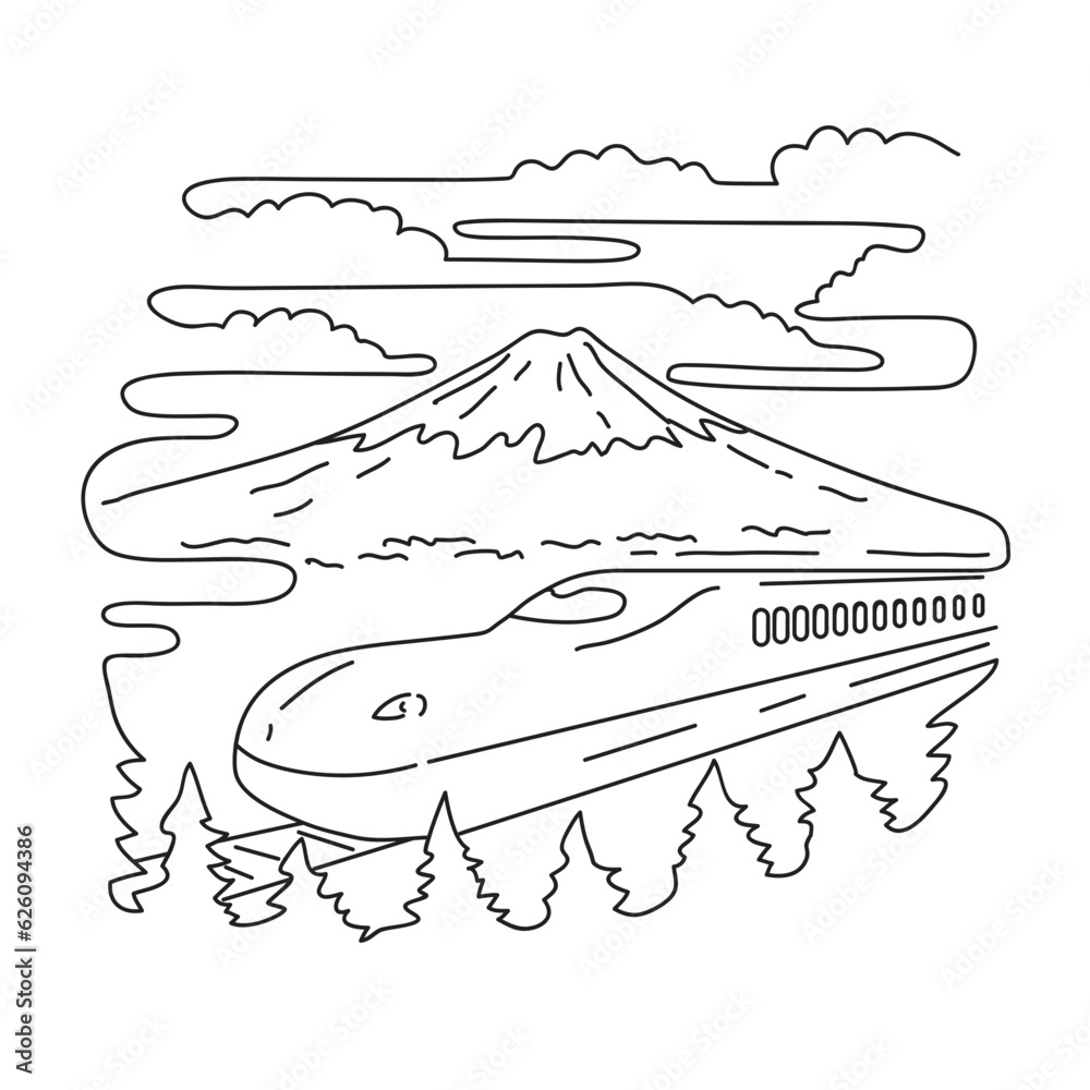 Monoline Bullets Mono line illustration of Mount Fuji and Shinkansen bullet train on the ...