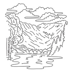 Wall Mural - Mono line illustration of Chubu-Sangaku National Park with the Hida Mountains or Northern Alps in the Chubu region of Japan done in monoline line art style.
