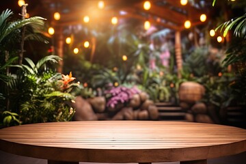 This is a product display template with a background consisting of an empty table made of tropical wood and a blurry backdrop of a garden cafe illuminated with soft lights. It is suitable for business