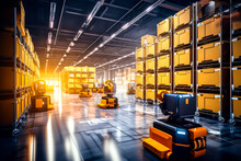 Modern High Tech Innovative Warehouse Logistics Displayed Through Automation, Robotics And Artificial Intelligence, Defining The Future Of Industry.