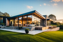 A Very Modern, Luxurious House Somewhere In The Countryside. Building With Large Glass Windows And Green Grass.