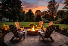 Outdoor Fire Pit In The Backyard, With Lawn Chairs Seating On A Late Summer Or Autumn Night