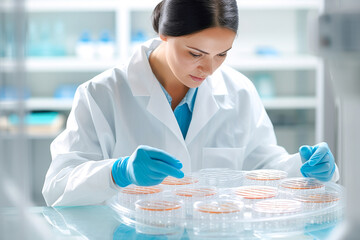 Closeup of lab technician examining a petri dish containing a precision sample, representing advanced biotechnology research