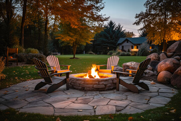 outdoor fire pit in the backyard, with lawn chairs seating on a late summer or autumn night