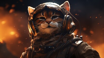 anthropomorphic cat fighter pilot, digital art illustration