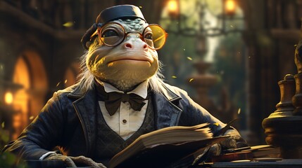 anthropomorphic frog scholar, digital art illustration