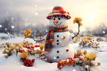 3D cute snowman wearing red hat and muffler in snowfall on snow background with yellow flowers, Ai generated