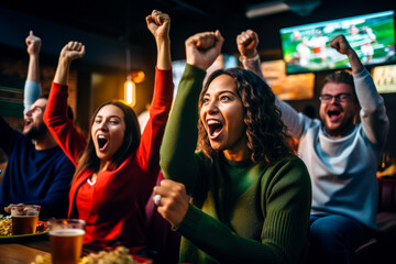 A group of friends cheering while watching sports on television, sharing excitement and joy for sports events