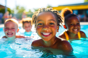 A group of diverse young children enjoying swimming lessons in pool, learning water safety skills and having summer fun