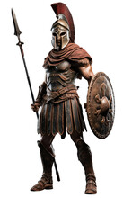 Spartan Warrior With Bronze Helmet And Spear. Isolated Object, Transparent Background