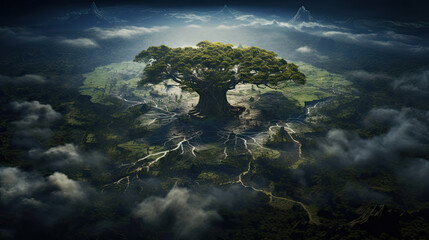 Yggdrasil world tree seen from space, fantasy scenery, epic landscape, taller than the Earth