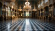 A grand ballroom in an old castle, with crystal chandeliers, gold filigree work, and a checkerboard marble floor.