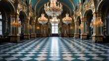 A Grand Ballroom In An Old Castle, With Crystal Chandeliers, Gold Filigree Work, And A Checkerboard Marble Floor.