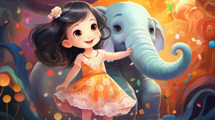 Poster - Little girl with a elephant. Generative AI