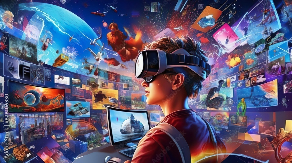 A man wearing VR headset user, surreal world and virtual reality, AI ...