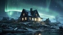 A traditional Inuit village in Greenland, with colorful houses nestled in the snow, under the vibrant display of Aurora Borealis.