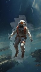 Wall Mural - An animated vertical video of astronaut floating through space with a sci-fi background. Created with some elements made with generative AI.