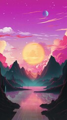 Wall Mural - An animated retrowave video of a sun setting behind mountains, pink clouds, and a water. Created with some elements made with generative AI.
