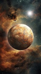 Wall Mural - An animated vertical video of an alien planet rotating against a cosmic nebula. Created with some elements made with generative AI.