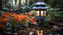A Tranquil Koi Pond In A Japanese Garden, Vibrant Fish Swimming Among Water Lilies, And A Stone Lantern On The Bank.