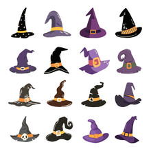 Cartoon Witch Hats, Halloween Party Costume Elements. Wizard Striped And Spooky Decorated Hats Vector Symbols Illustrations Set. Halloween Witchcraft Party Collection