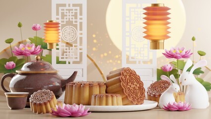 3D rendering for mid autumn festival holiday or chinese new year, chinese festivals with,lanterns, flower, moon, rabbit ,mooncake,tea pot and asian elements on background.