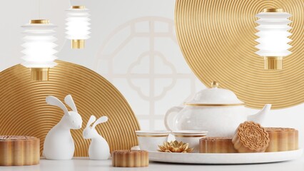 3D rendering for mid autumn festival holiday or chinese new year, chinese festivals with,lanterns, flower, moon, rabbit ,mooncake,tea pot and asian elements on background.