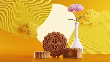 3D rendering for mid autumn festival holiday or chinese new year, chinese festivals with,lanterns, flower, moon, rabbit ,mooncake,tea pot and asian elements on background.