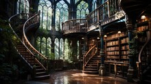 An Ancient Library, Filled With Towering Bookshelves, A Spiral Staircase, And A Hidden Reading Nook Under A Stained Glass Window.