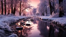 A Serene Winter Scene Of A Frozen Pond In The Woods, Snow-laden Branches Sparkling In The Twilight, And Animal Tracks Leading To The Water's Edge.