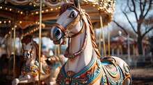 A lively carousel in a city park, brightly painted horses going up and down, and children's laughter filling the air.