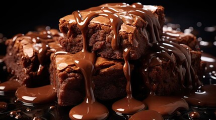 chocolate brownies filled with melted sweet chocolate on black background and blur