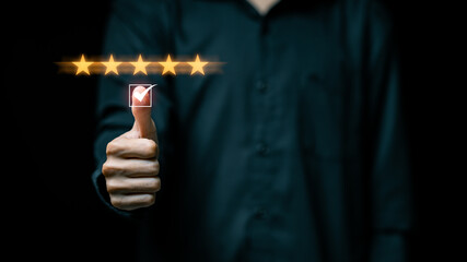 Customer satisfaction concept, thumbs up icon right with awesome And give a five-star rating, showing satisfaction with the excellent service. Feedback from client.