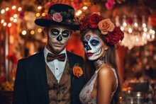 The Day Of The Dead, Halloween Woman Man Couple In Costumes