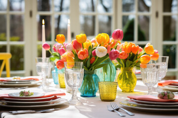 Wall Mural - Beautiful Easter Table Setting with Flowers