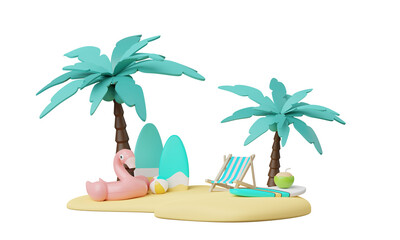 Summer elements 3d icon clipart island isolated on white background, Minimal Realistic objects for mock-up with summer theme, beach umbrella, sand, inflatable ring, vacation time to travel.