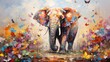 Elephant with fantasy forest colorful butterflies and flowers background. Generative AI
