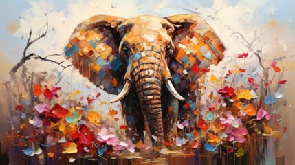 Wall Mural - Elephant with fantasy forest colorful butterflies and flowers background. Generative AI