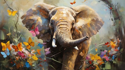 Wall Mural - Elephant with fantasy forest colorful butterflies and flowers background. Generative AI