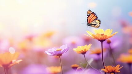 field of colorful cosmos flower and butterfly in a meadow in nature in the rays of sunlight in summe