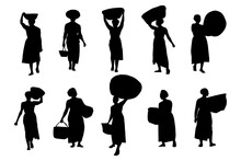African Village Woman Silhouette Working Lady Holding A Basket Set