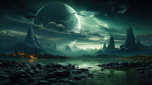 Background Image Presenting An Alien Planet Landscape In The Style Of Sci-fi Art, Colored In Shades Of Alien Green And Space Black, Featuring Extraterrestrial Forms And Elements Of Space Exploration, 
