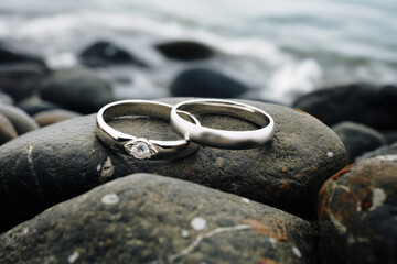 Two wedding rings on a stone by the sea.