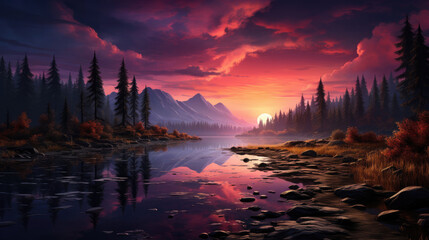 Background image of a serene lake at sunset rendered in the style of digital pastels, shaded in colors of twilight purple and sunset orange, capturing serene landscapes and tranquil scenes, digitally 
